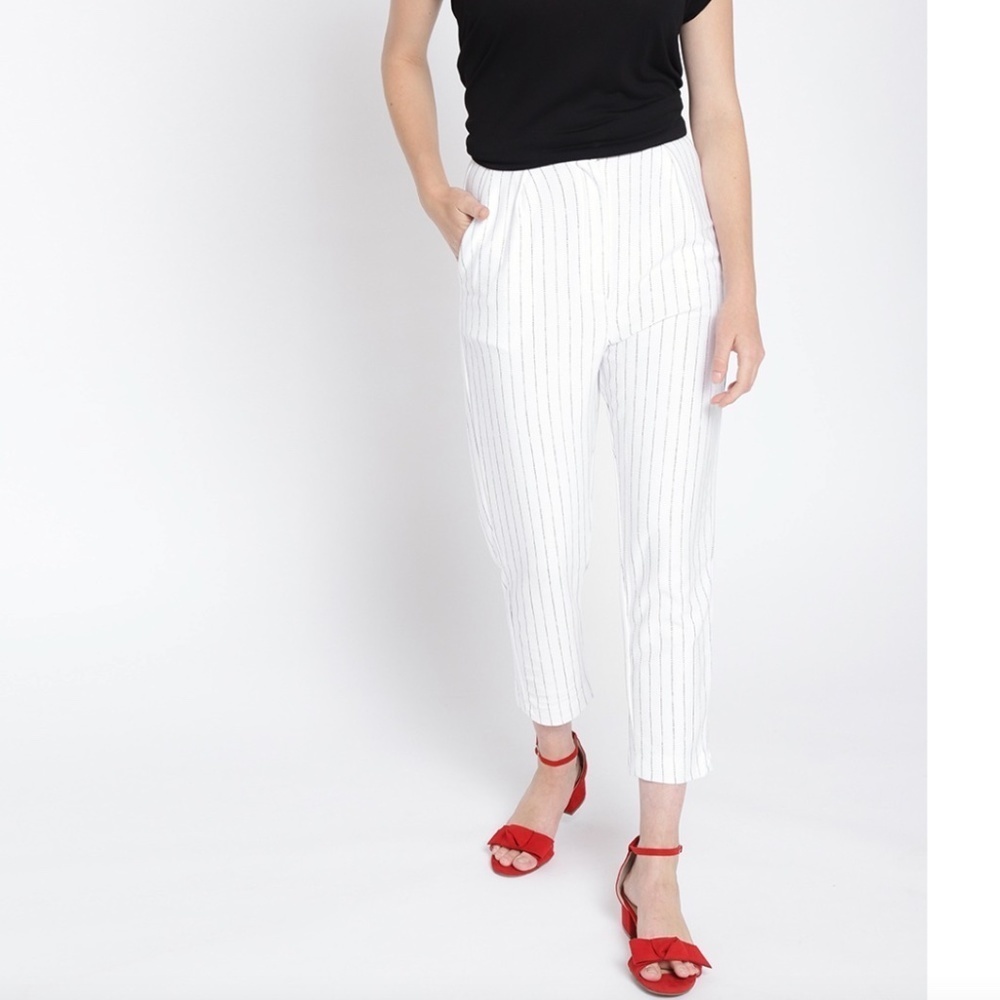 MANGO White & Black Regular Fit Striped Trousers - M